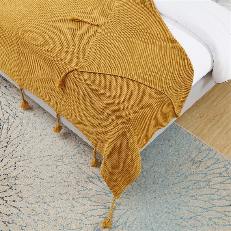 Tianna Yellow Acrylic 50x60 Inches Wool-like Tassels Knit Throw Blanket