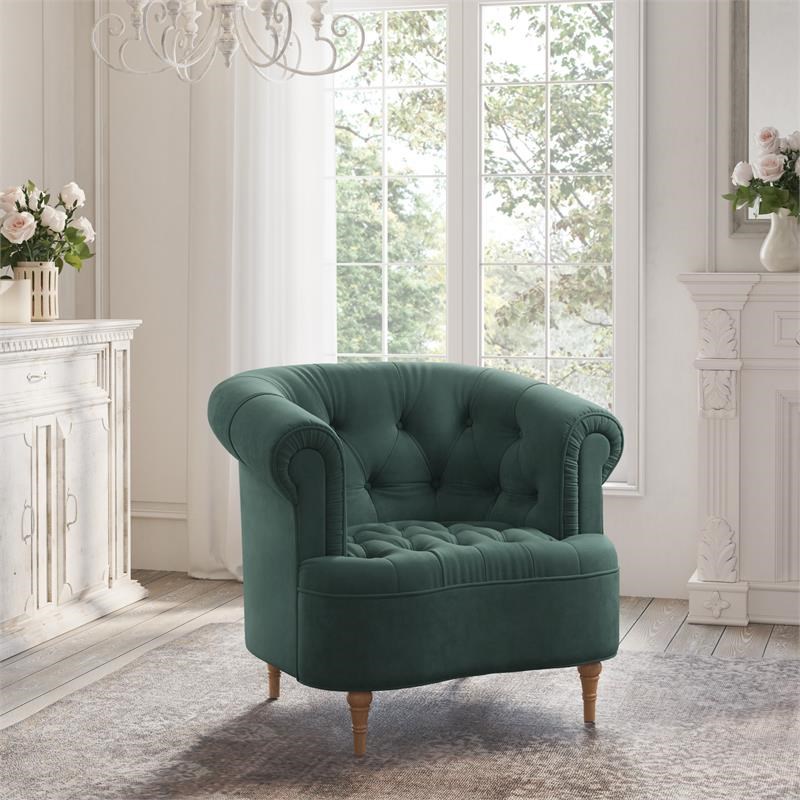 Winifred Accent Chair Hunter Green Velvet  Upholstered Button Tufted Rolled Arms