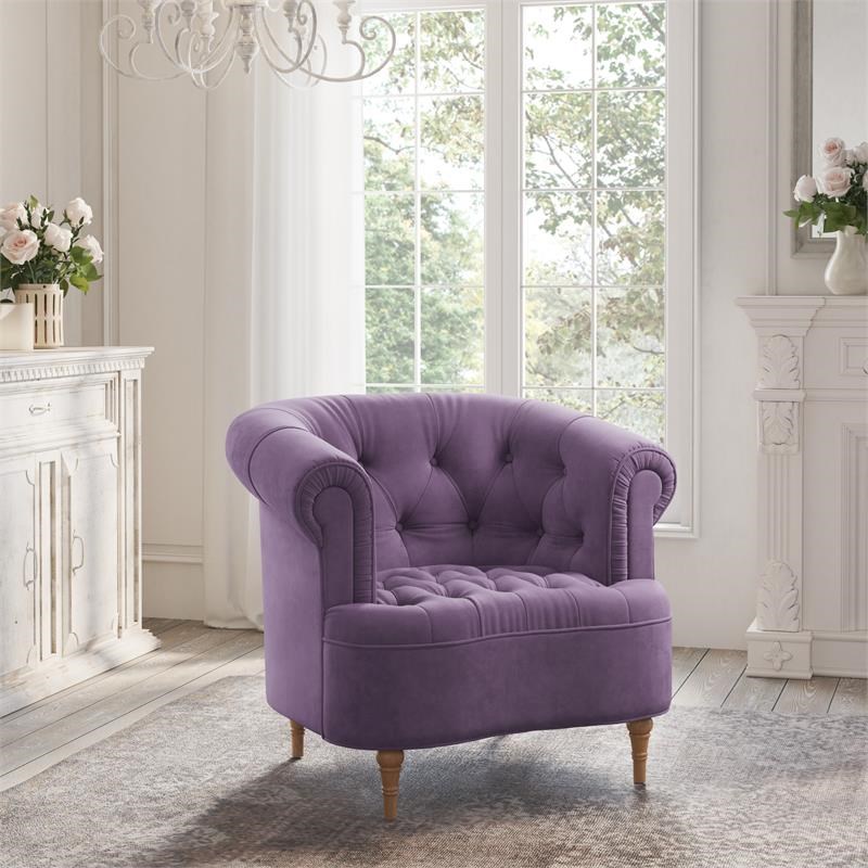 Winifred  Accent  Chair  Purple Velvet  Upholstered  Button  Tufted  Rolled Arms