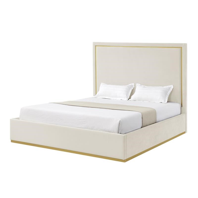 Creed Bed Beige Velvet King Upholstered Powder Coated Gold Frame and