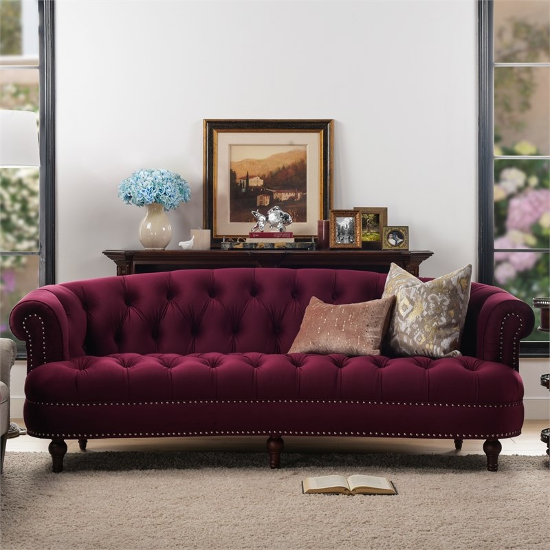 La Rosa 84" Victorian Chesterfield Tufted Sofa Burgundy Velvet | Homesquare