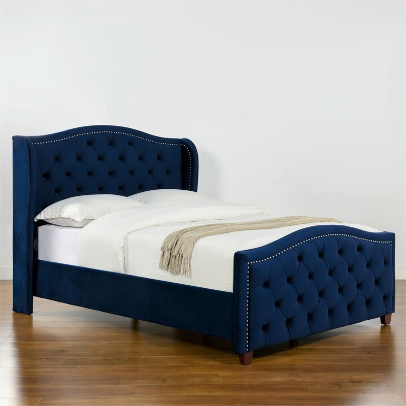 Marcella Tufted Wingback Queen Bed Navy Blue