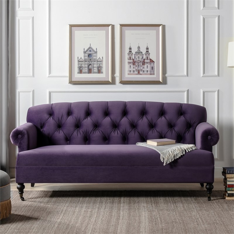 mackenzie tufted rolled arm sofa metal casters purple 