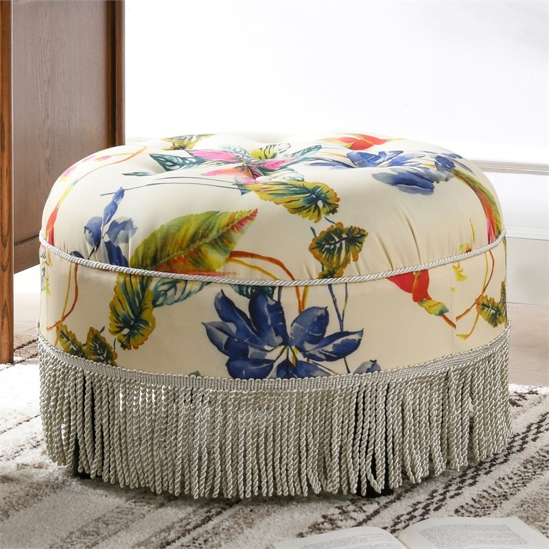 Yolanda Tufted Decorative Round Ottoman Off White Floral | Homesquare