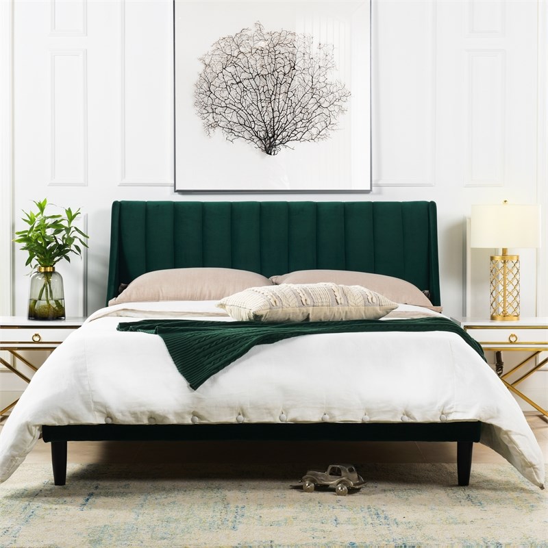 aspen vertical tufted headboard platform bed set queen evergreen velvet