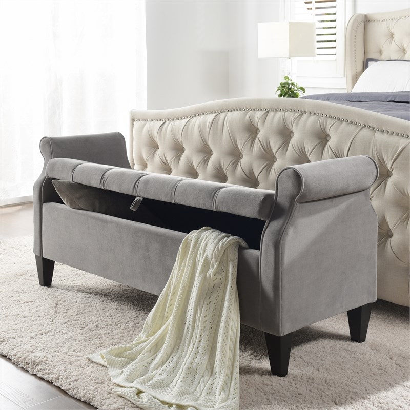 Jacqueline Tufted Roll Arm Storage Bench Grey Homesquare