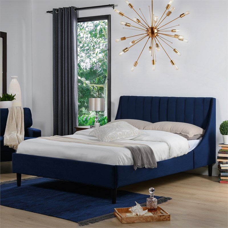 aspen vertical tufted headboard platform bed set queen navy blue velvet ...