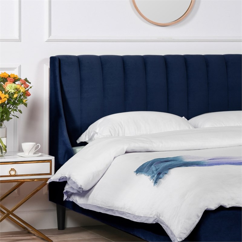 aspen vertical tufted headboard platform bed set queen navy blue velvet ...