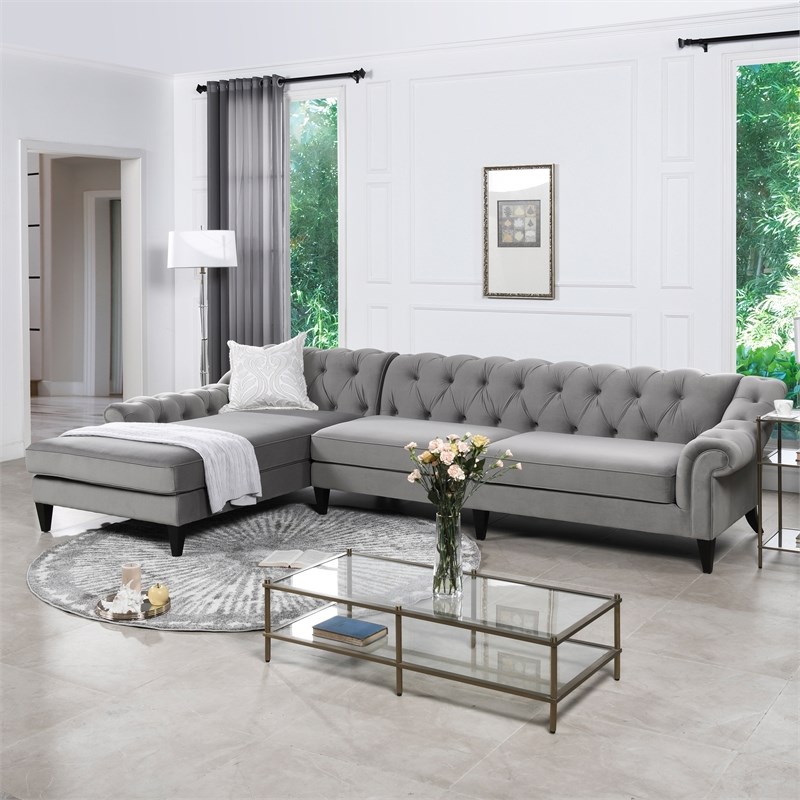 alexandra tufted left sectional sofa opal grey velvet - 66070-l-865