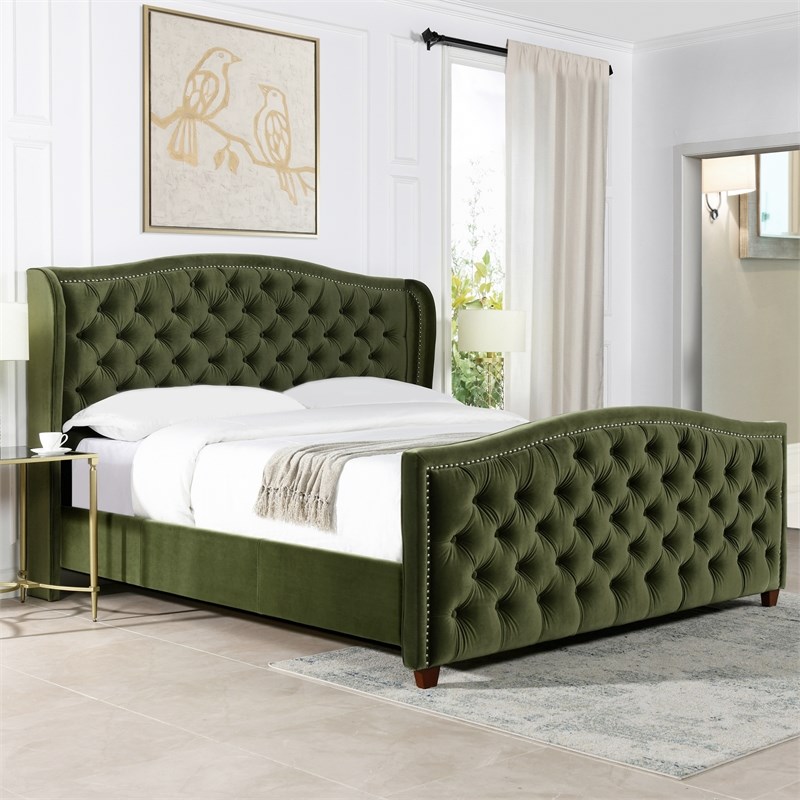 Marcella Upholstered Shelter Headboard Bed King Olive Green | Homesquare