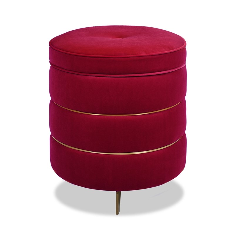 Midas Round Accent Storage Ottoman Siren Red Performance Velvet