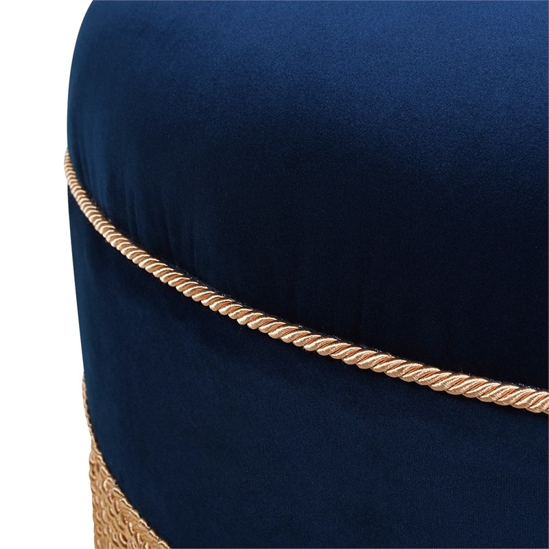 Yolanda Upholstered Round Accent Ottoman Navy Blue Velvet with Gold Trim