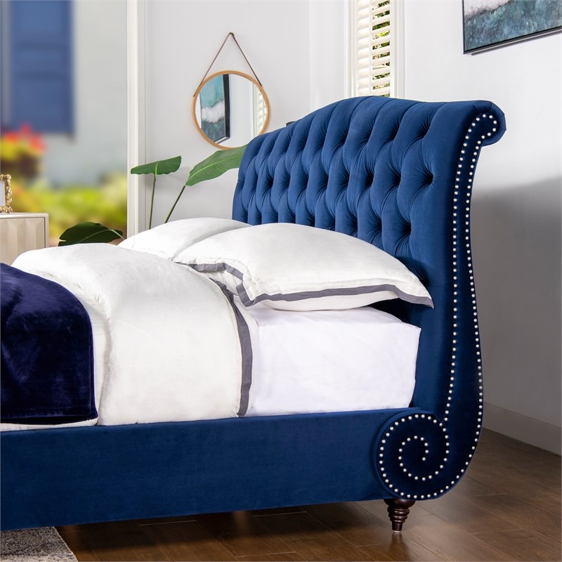 Nautlius King Bed Frame with Headboard & Footboard Navy Blue Velvet