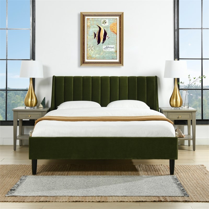 Sandy Wilson Home Aspen Tufted Headboard Platform Bed Queen Olive Green Velvet