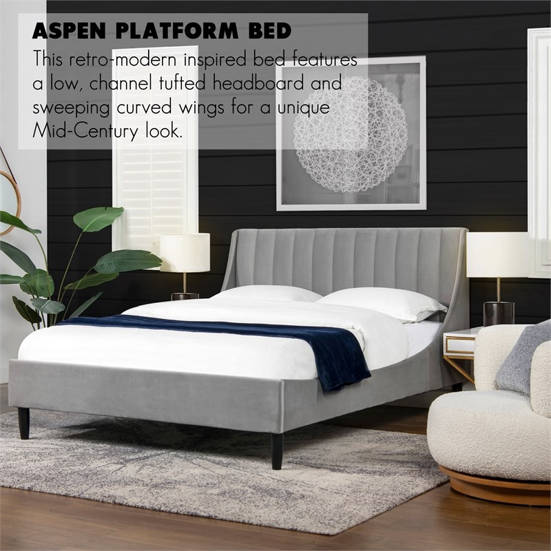 Aspen Vertical Tufted Headboard Platform Bed Set Queen Opal Grey Velvet