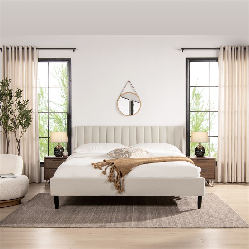 Aspen Vertical Tufted Headboard Platform Bed Set King Light Beige Linen ...