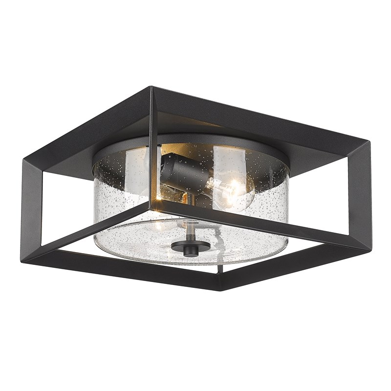 Golden Lighting Smyth Outdoor Flush Mount in Natural Black with Seeded Glass