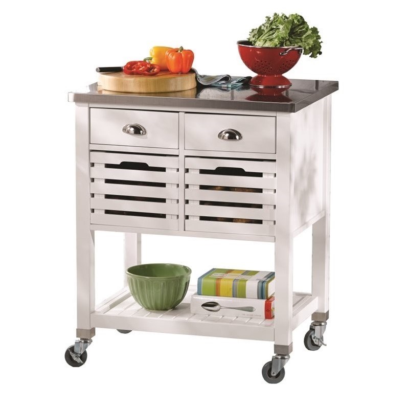 Riverbay Furniture Kitchen Cart with Stainless Steel Top in White