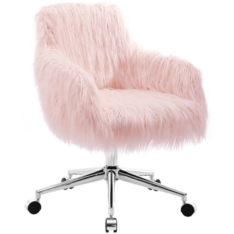 Riverbay Furniture Faux Fur Swivel Office Chair in Pink and Chrome