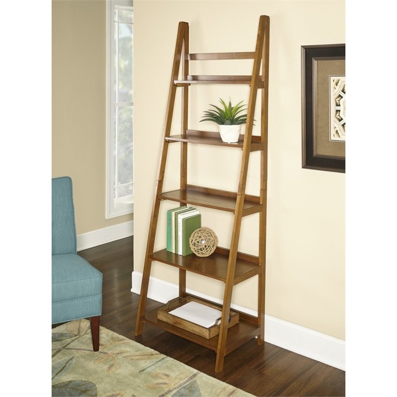 Riverbay Furniture 5 Shelf Ladder Bookcase in Warm Brown