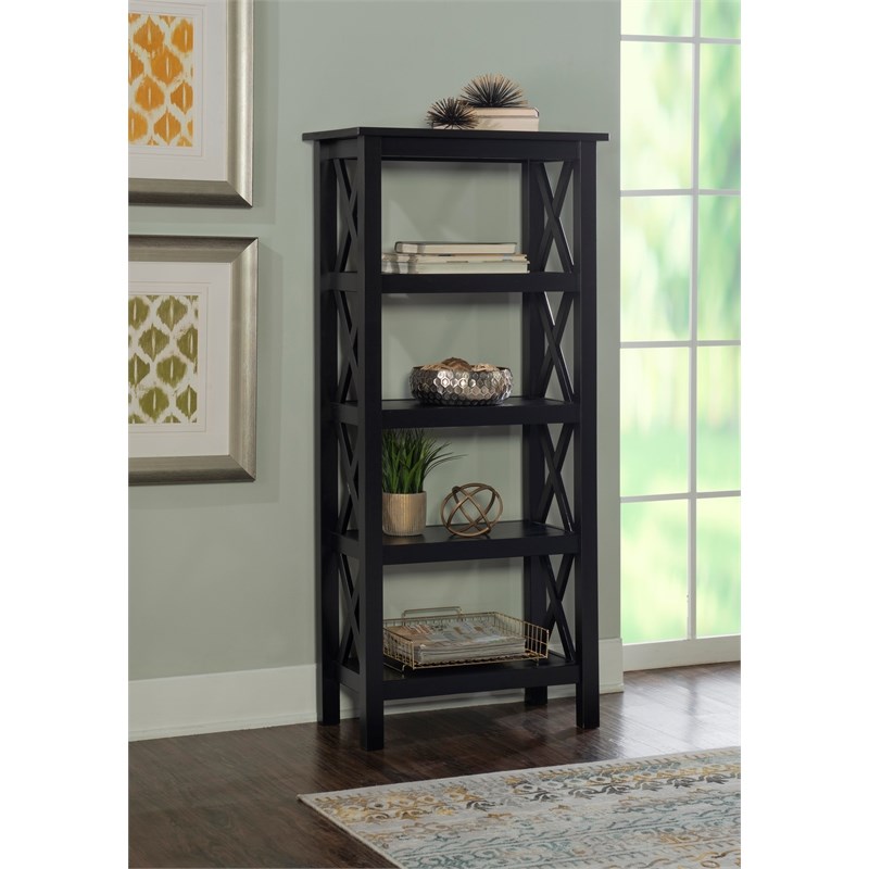 Riverbay Furniture Baldwin X-Design Solid Wood 4-Shelf Bookcase in Black