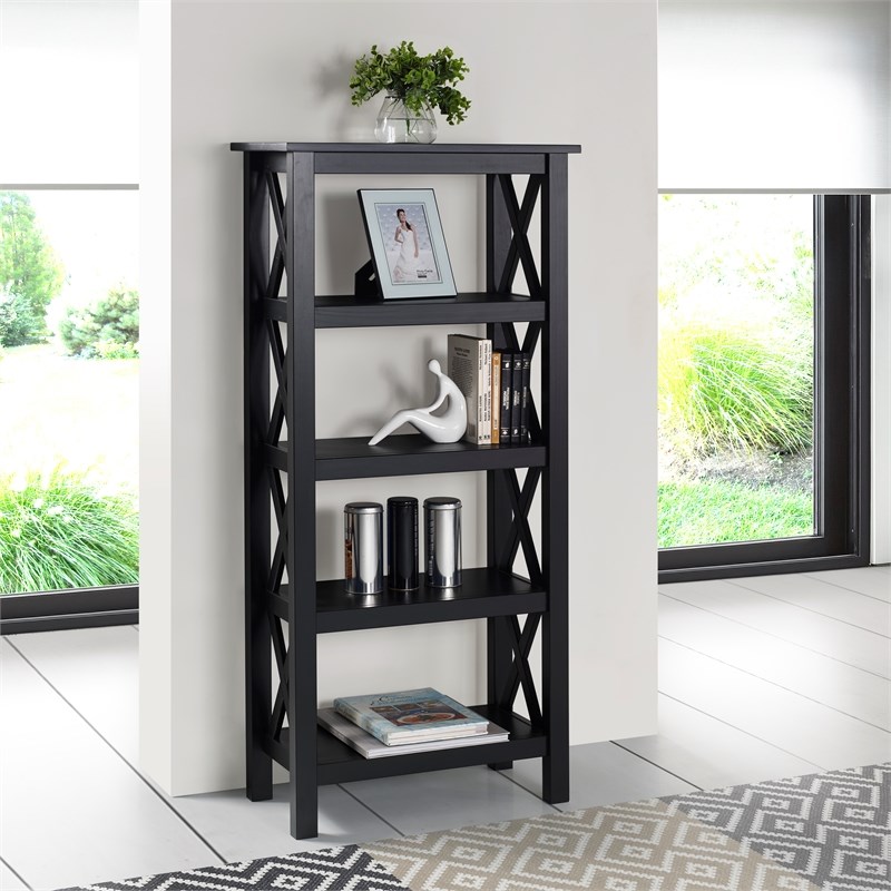 Riverbay Furniture Baldwin X-Design Solid Wood 4-Shelf Bookcase in Black