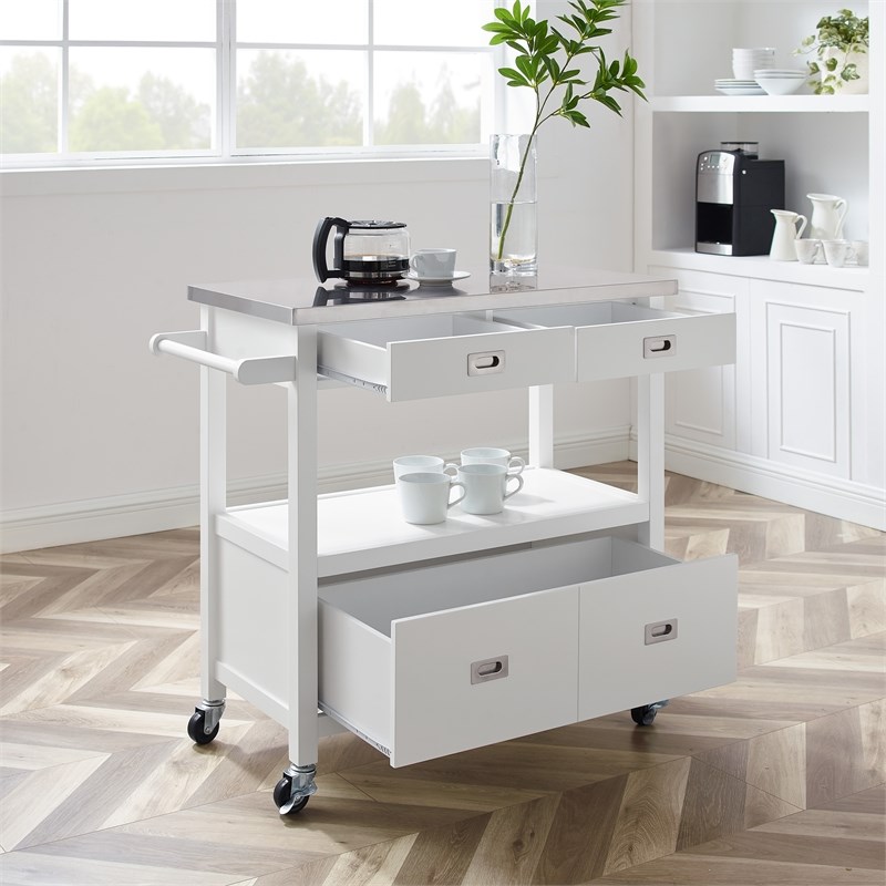 Riverbay Furniture Wood and Stainless Steel Kitchen Cart in White