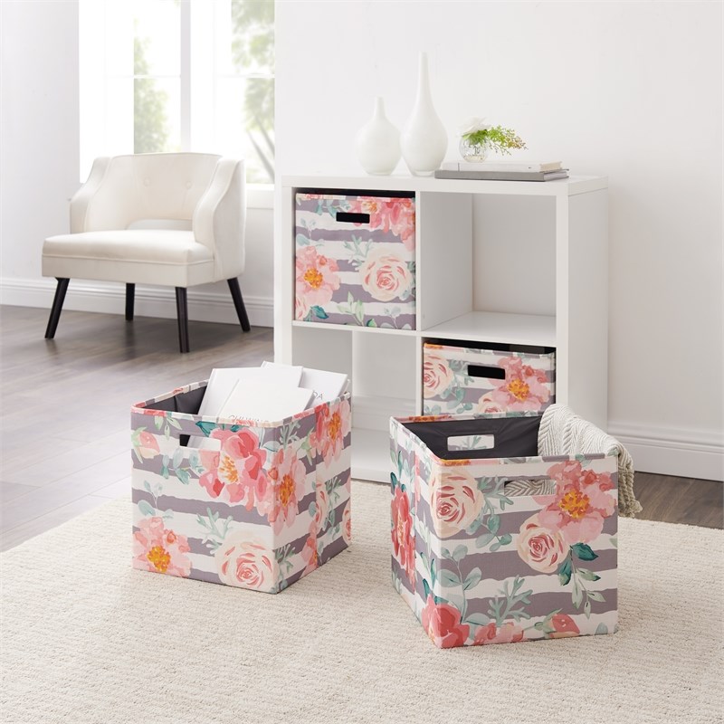 Riverbay Furniture Two Pack Fabric Floral Storage Bin in Pink
