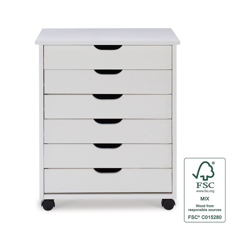 Riverbay Furniture Six Drawer Wide Wood Rolling Cart in White Wash