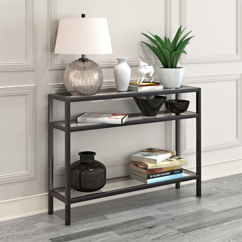 Henn&Hart 42" Blackened Bronze Metal/Glass Console Table | Homesquare