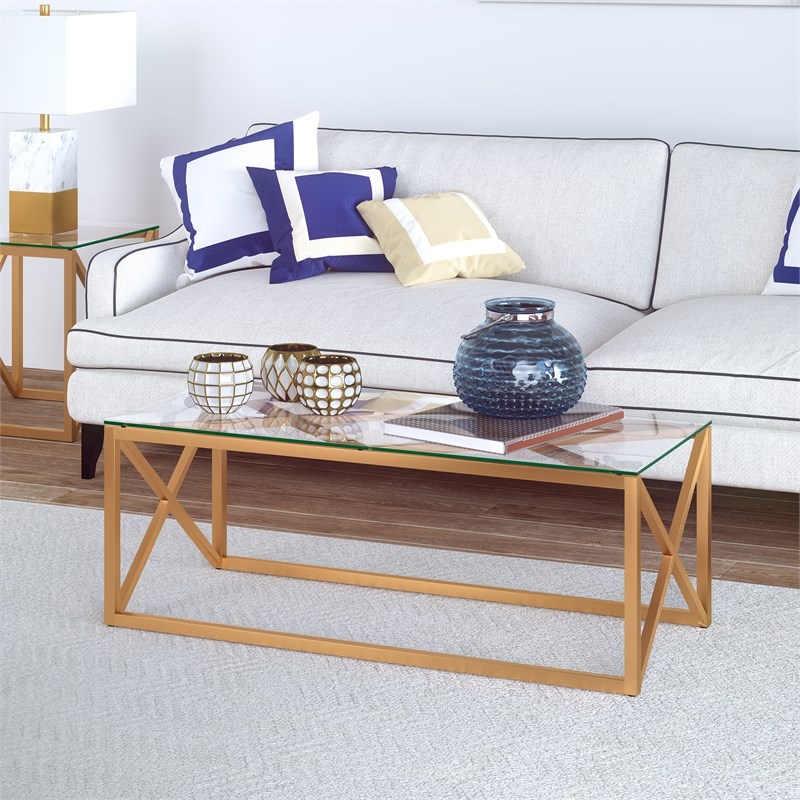 2 Piece Coffee Table and End Table Geometric Set in Brass