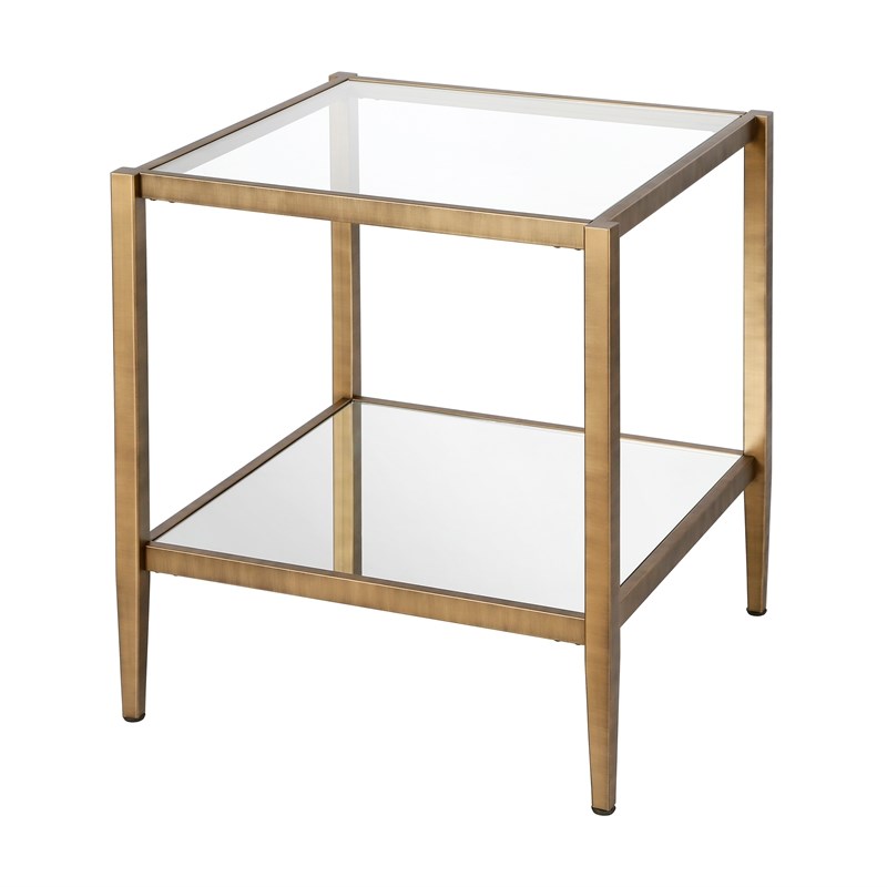 Henn&Hart Metal Hollywood Glam Side Table in Antique brass with Mirrored Shelf