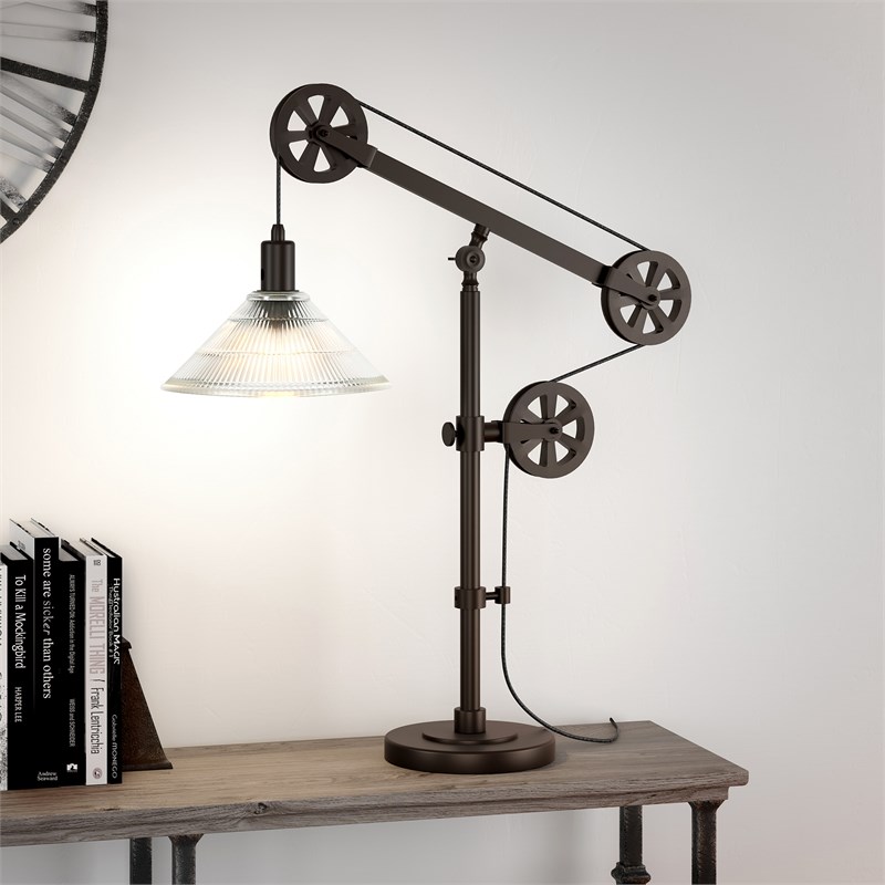 Henn&Hart Industrial Black and Bronze Metal Pulley Table Lamp with Glass Shade