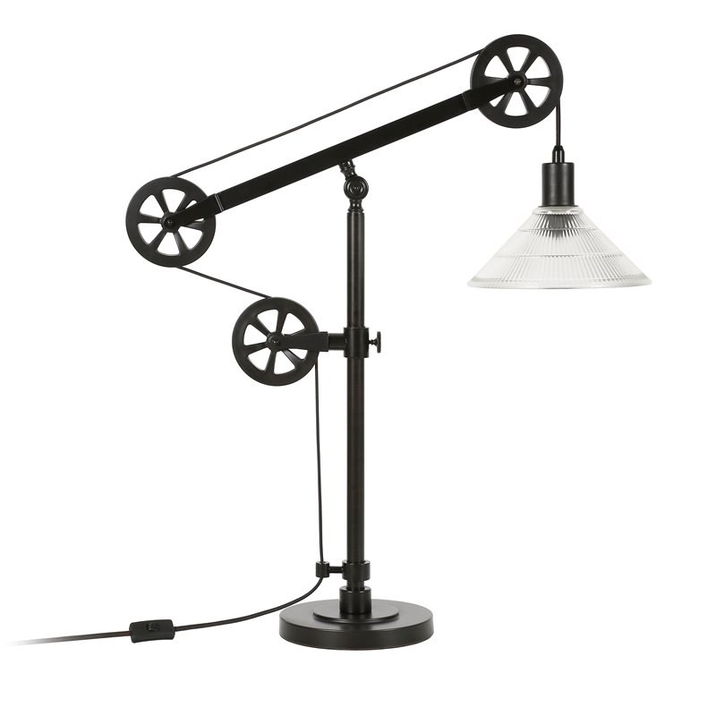 Henn&Hart Industrial Black and Bronze Metal Pulley Table Lamp with Glass Shade