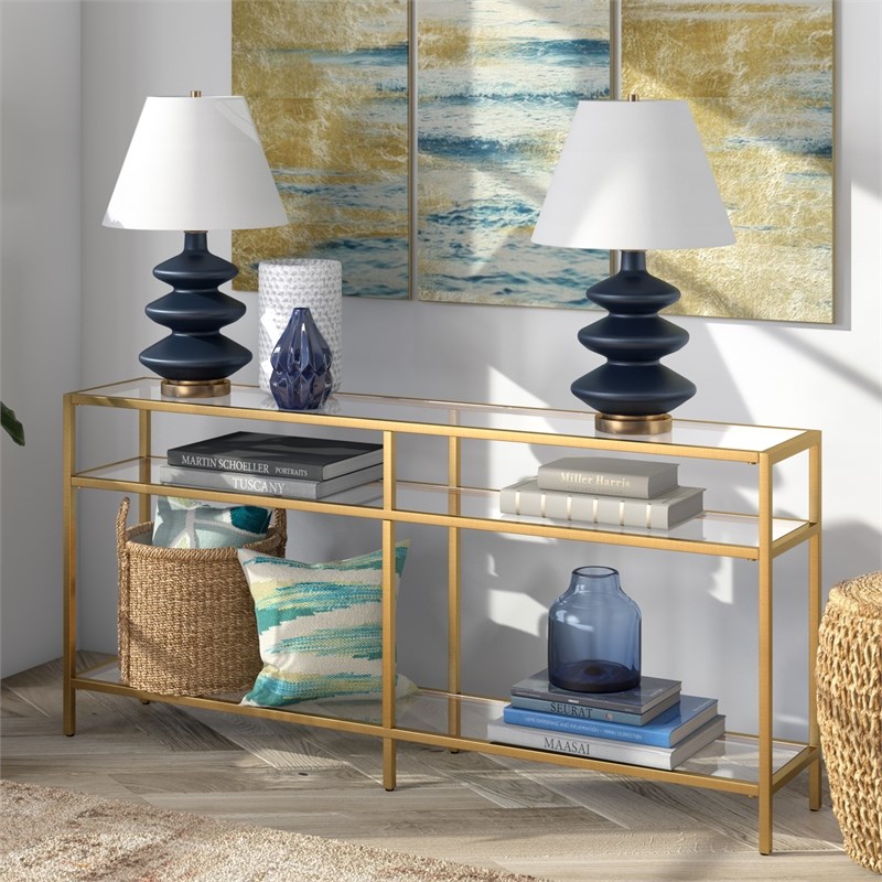 Henn&Hart 64" 3Shelf Metal Gold and Brass Console Table with Glass