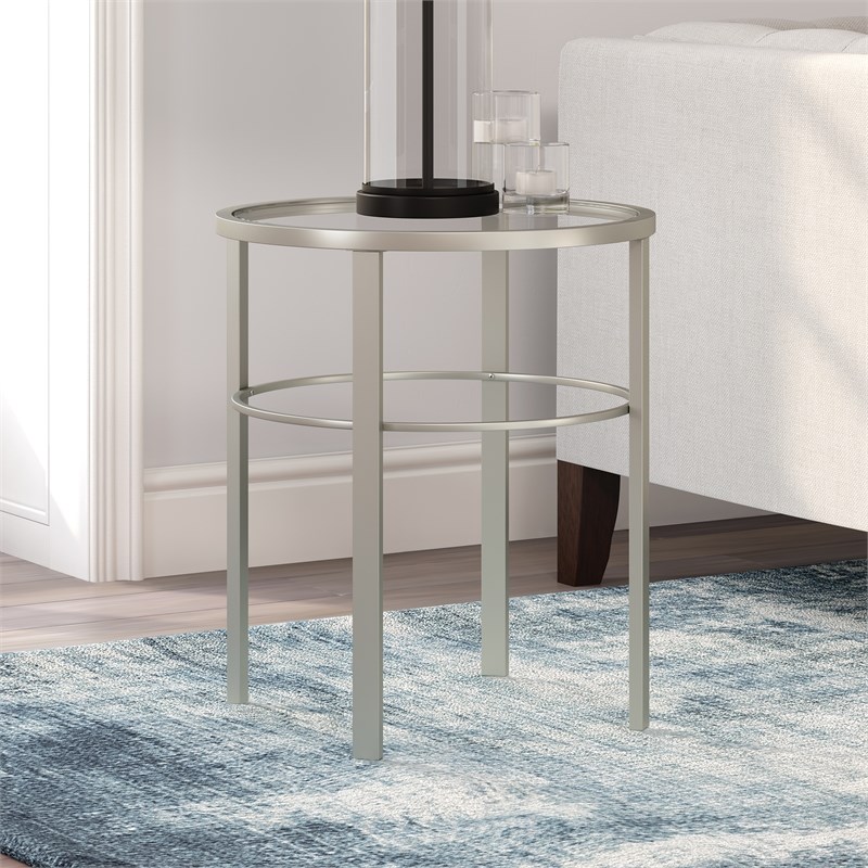 Henn&Hart Satin Nickel Circle Side Table with Glass Top
