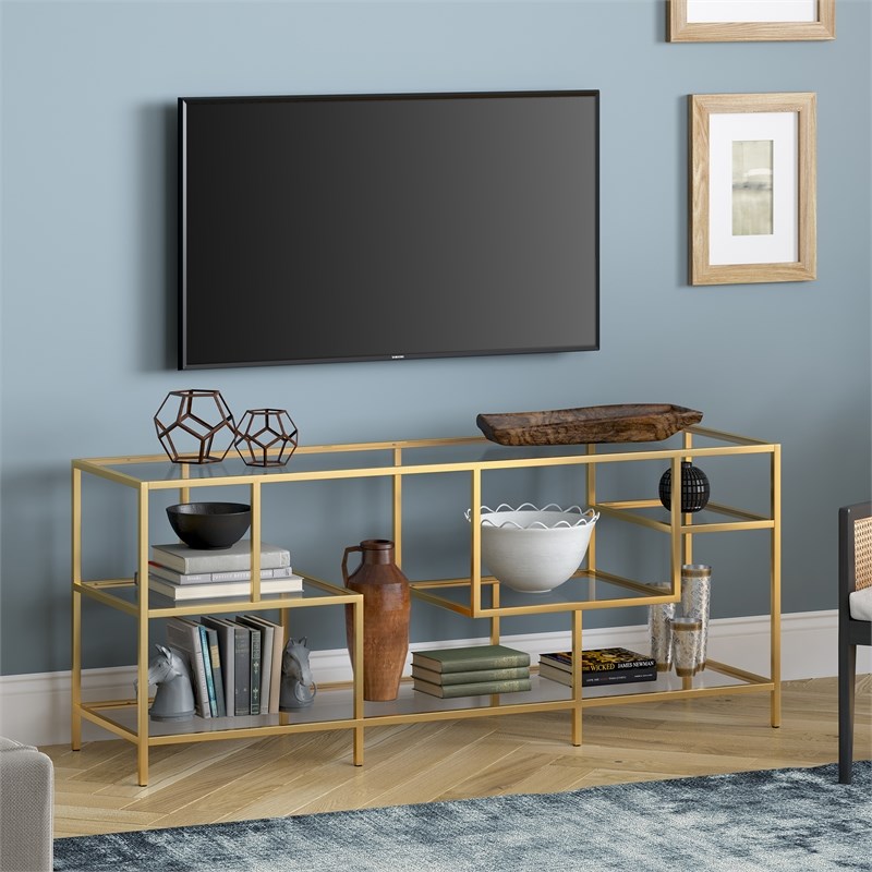 Henn&Hart Brass Finish TV Stand with Glass Shelves Homesquare