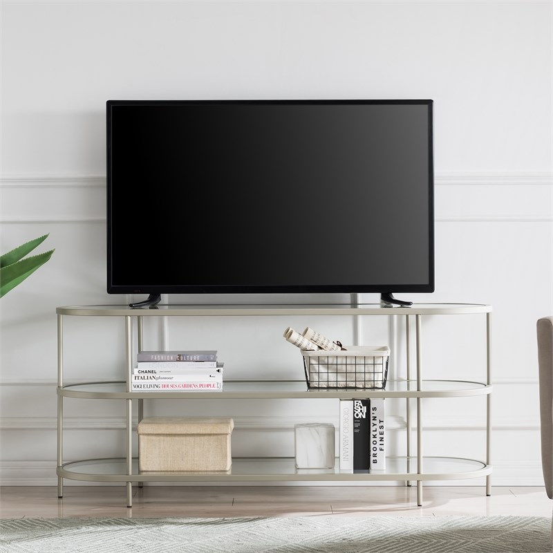 Henn&Hart 55" Satin Nickel Metal/Glass TV Stand Homesquare