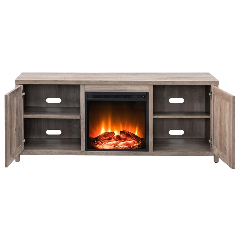 Henn&Hart Gray Oak TV Stand with Log Fireplace Insert