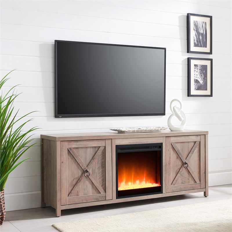 Henn&Hart Gray Oak TV Stand with Crystal Fireplace Insert