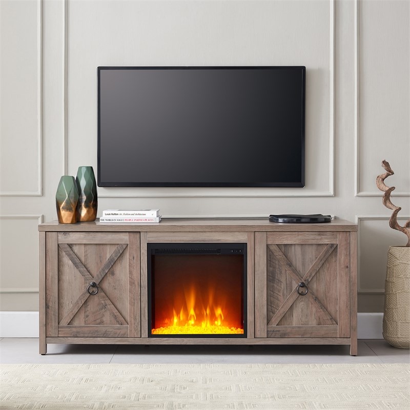 Henn&Hart Gray Oak TV Stand with Crystal Fireplace Insert