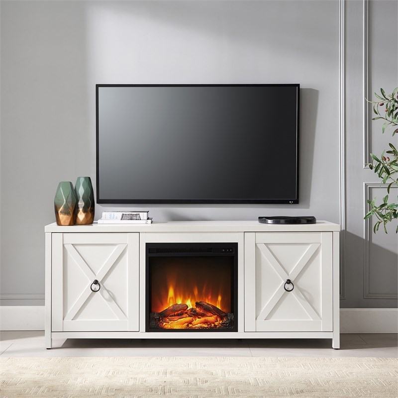 Henn&Hart White TV Stand with Log Fireplace Insert