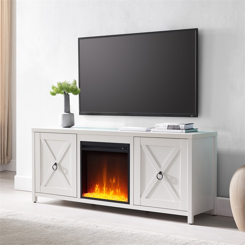 Henn&Hart White TV Stand with Crystal Fireplace Insert Homesquare
