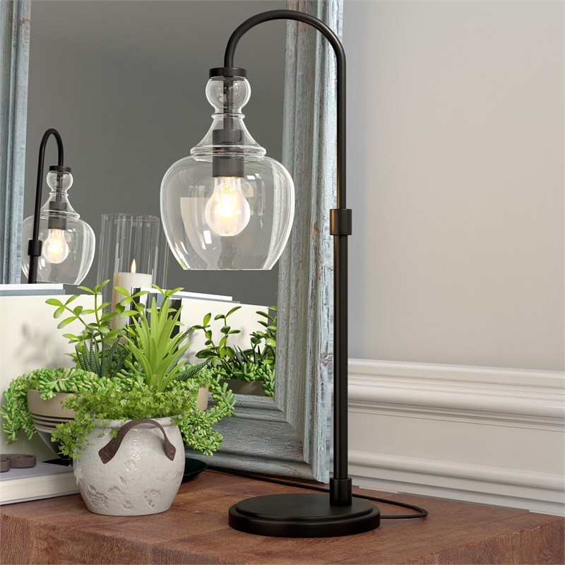 Henn&Hart Black Bronze Arc Table Lamp with Clear Glass Shade