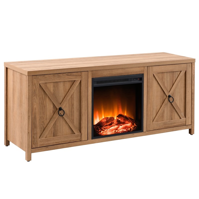 Henn&Hart Golden Oak TV Stand with Log Fireplace Insert