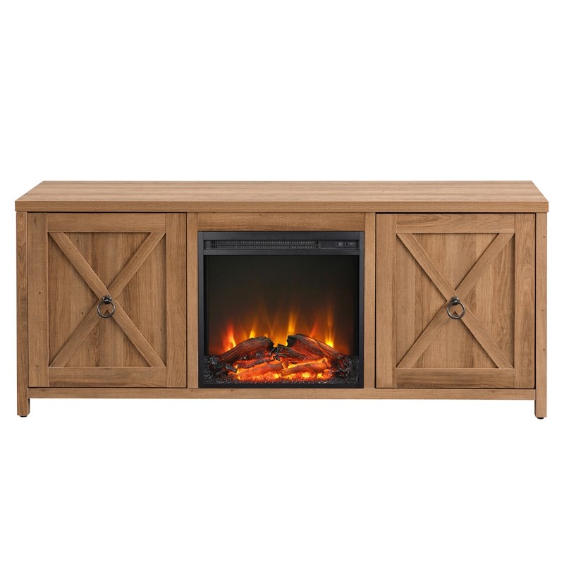 Henn&Hart Golden Oak TV Stand with Log Fireplace Insert