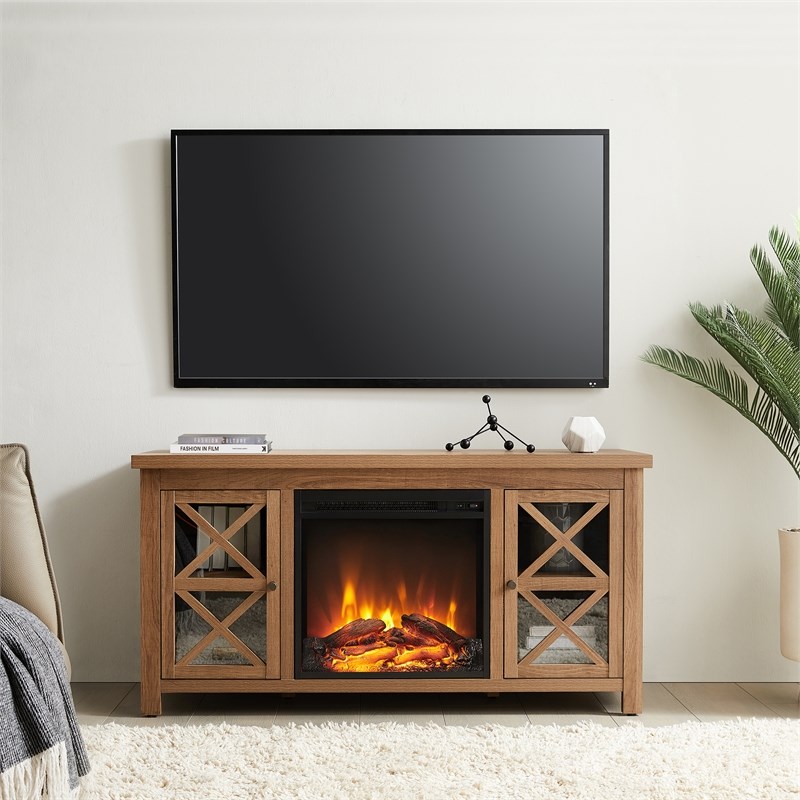 Henn&Hart Golden Oak TV Stand with Log Fireplace Insert Homesquare