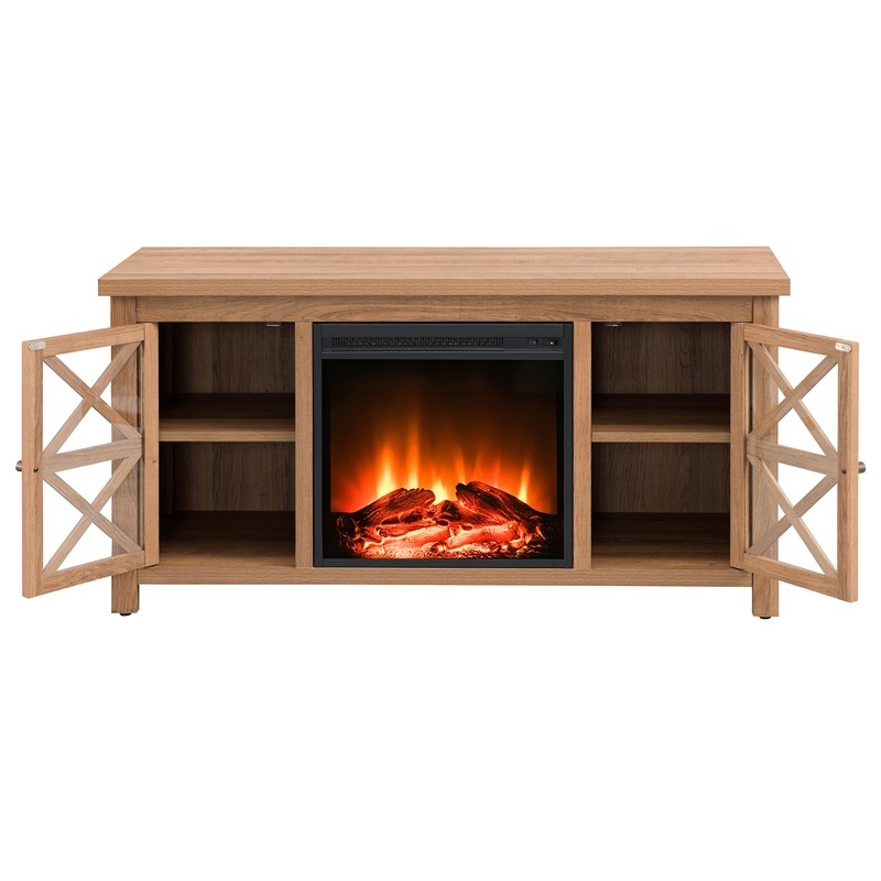 Henn&Hart Golden Oak TV Stand with Log Fireplace Insert Homesquare