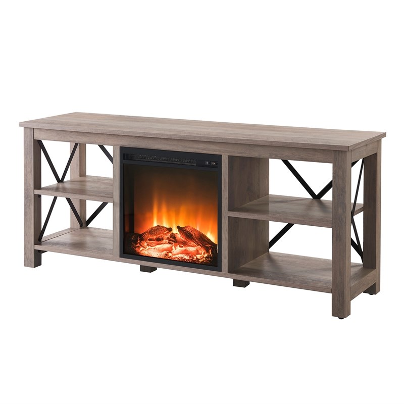 Henn&Hart Gray Oak TV Stand with Log Fireplace Insert