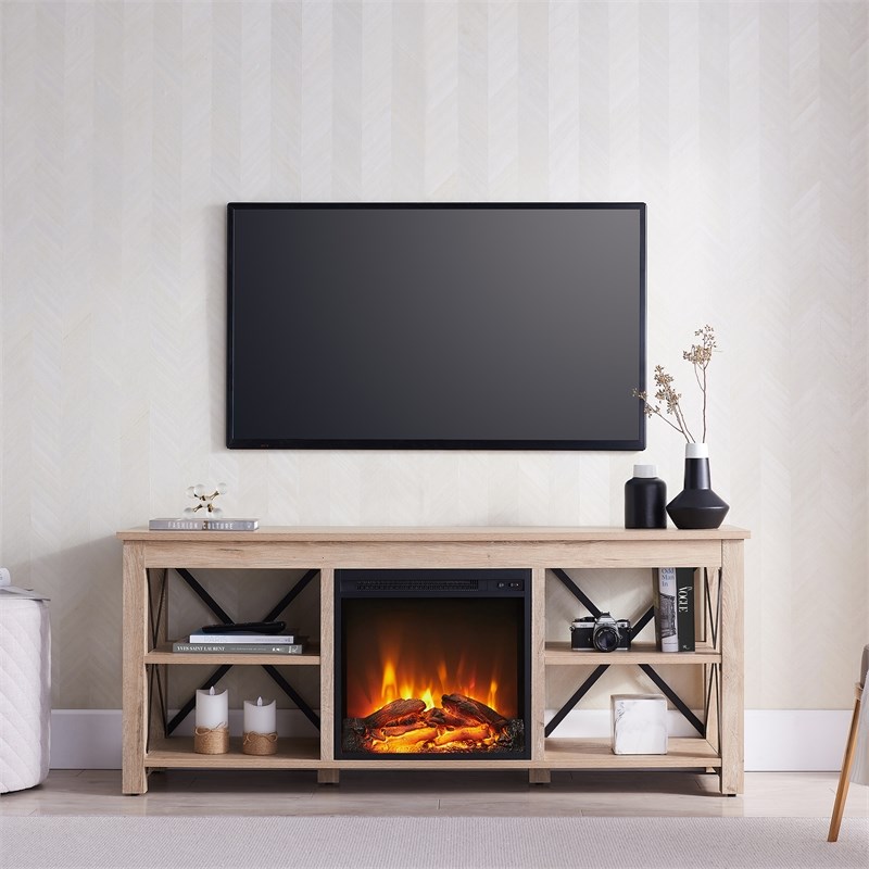 Henn&Hart White Oak TV Stand with Log Fireplace Insert